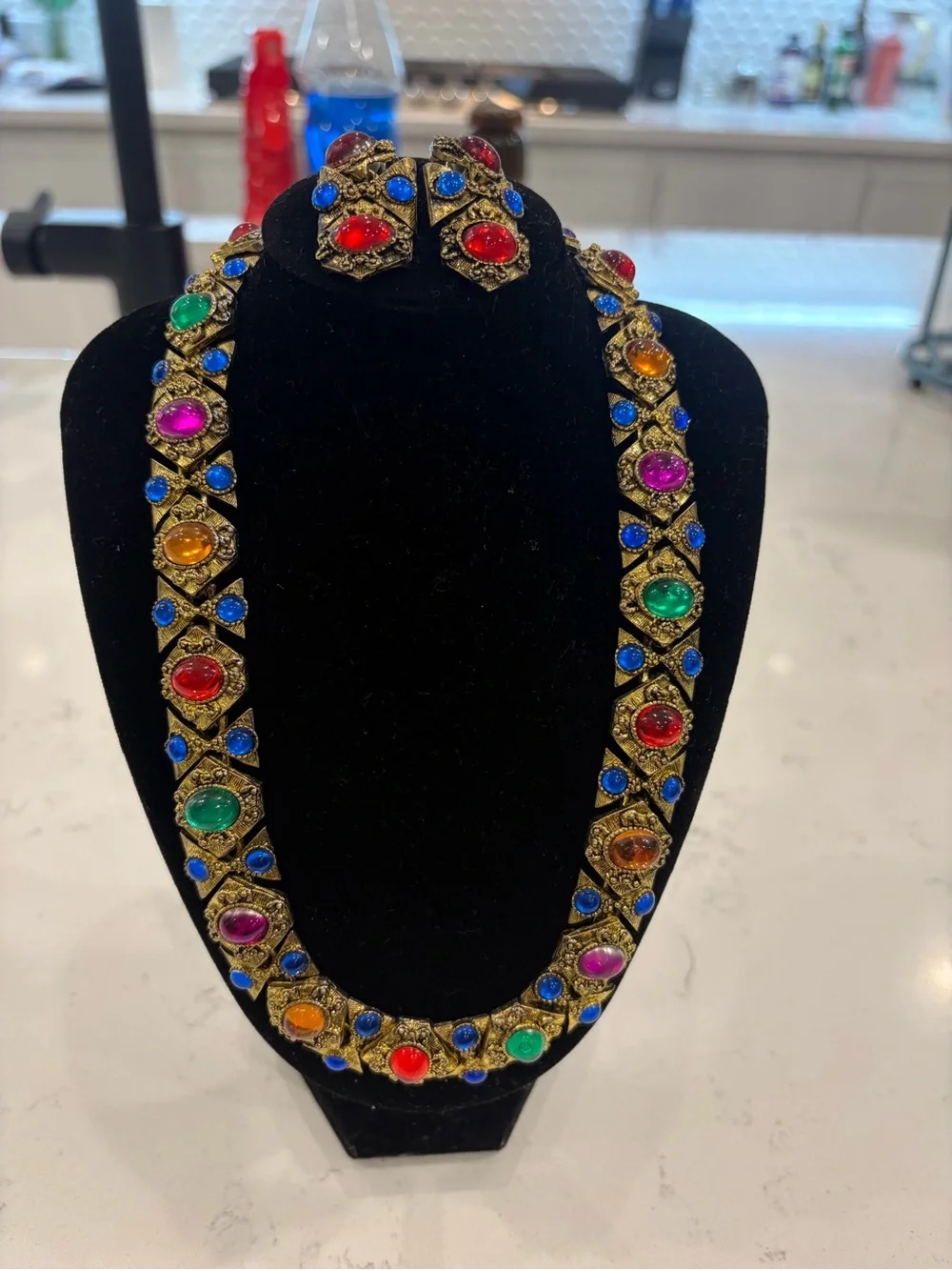 Vintage-Multicolor Stone Necklace and Earring Set - Gold Tone